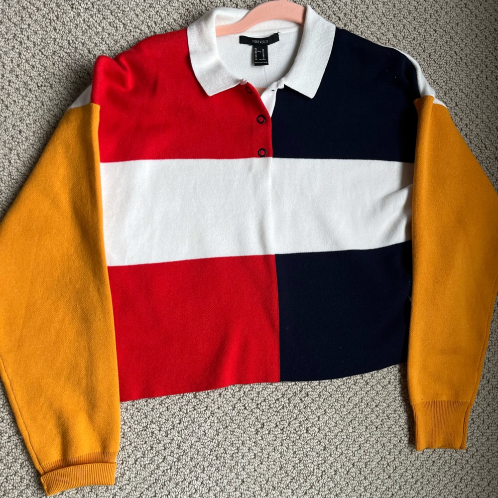 Color Block Cropped Collard Sweatshirt